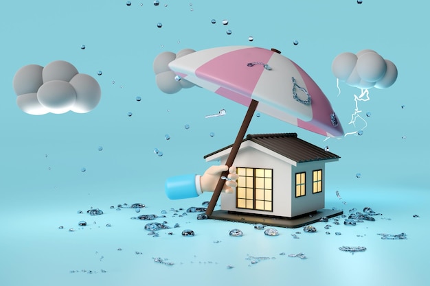 3d house with businessman hands holding umbrella cloud drop rain water thunder isolated on blue background protection and security concept 3d render illustration