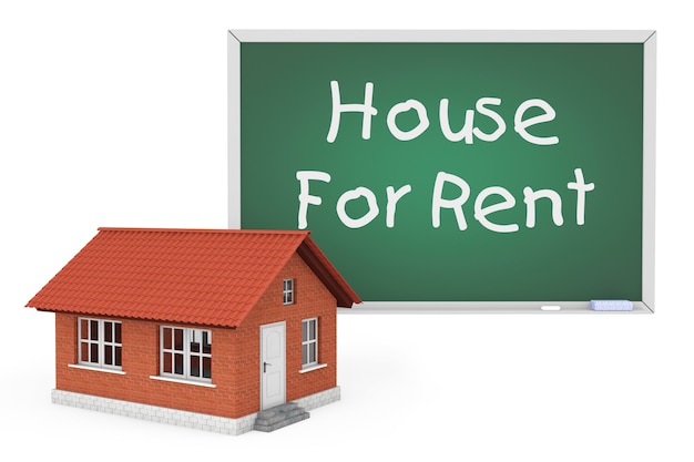 3d House with House For Rent Sign Blackboard on a white background