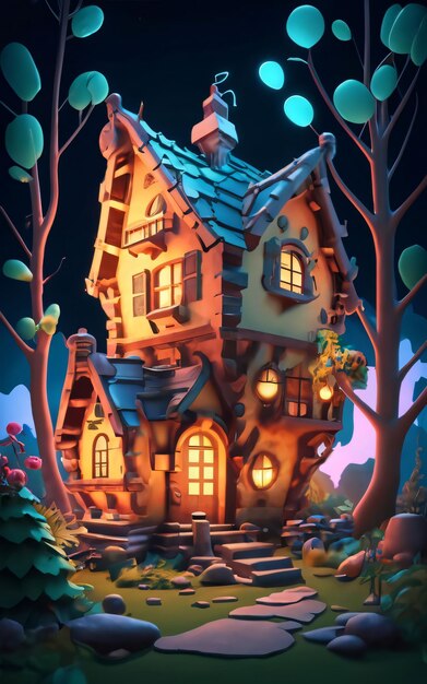 A 3d house with a tree in the background nion light