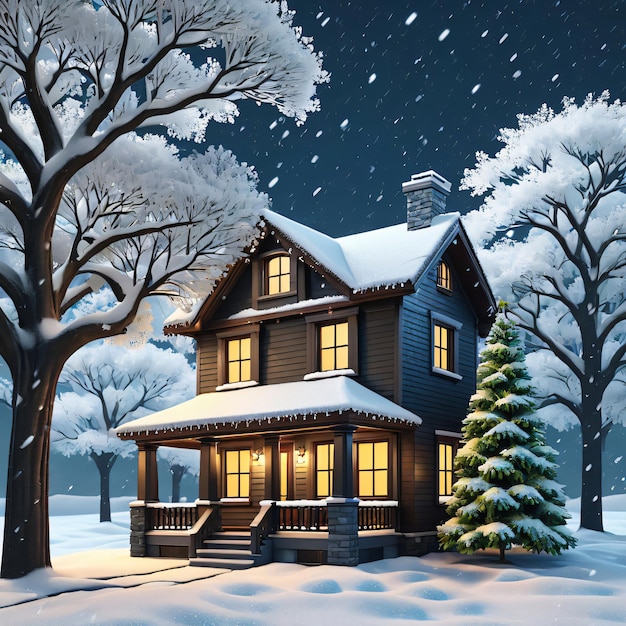 A 3d house with a tree in the background snowfall