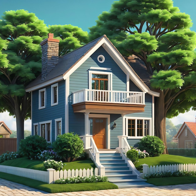 A 3d house with a tree in the background sun raising