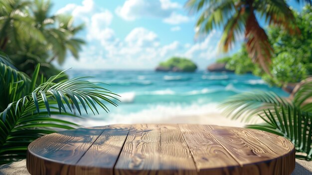 3D houten podium voor productvertoning met het strand en de palmbomen op de achtergrond