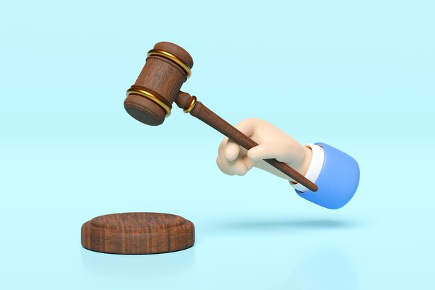 3d houten rechter hamer hand houdende hamer veiling met stand geïsoleerd op blauwe achtergrond wet justitie systeem symbool concept 3d render illustratie clipping pad