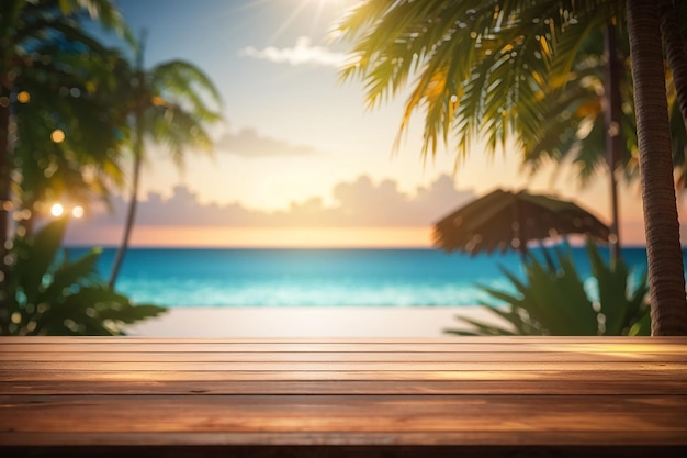 3d houten tafel met uitzicht op een tropisch landschap met bokeh lichten