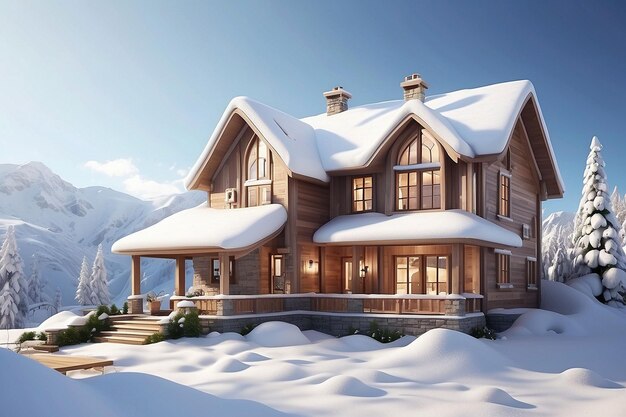 3d huis bedekt met sneeuw