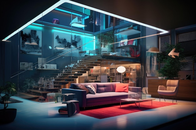 3D huis interieurontwerp met een digitaal hologram effect nauwgezet mengsel van echte virtuele