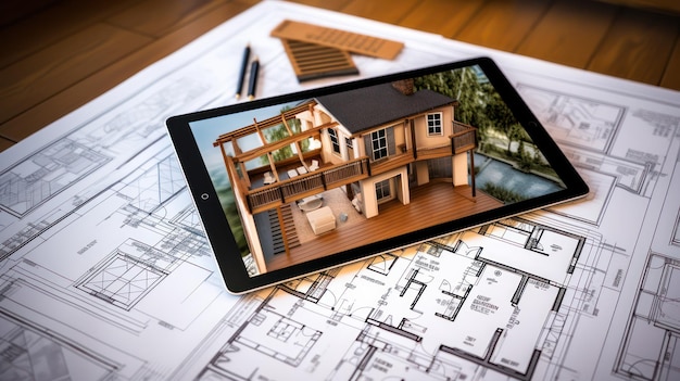 3D-huis op een digitaal tablet scherm met blauwdrukpapier