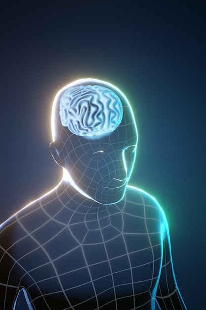 3D human brain glow on dark background 3D illustration rendering