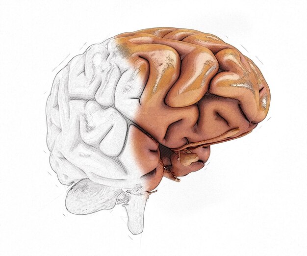 3D human brain with half in sketched style