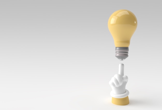 Photo 3d human hand pointing finger having a good idea looking at light idea bulb 3d render design.