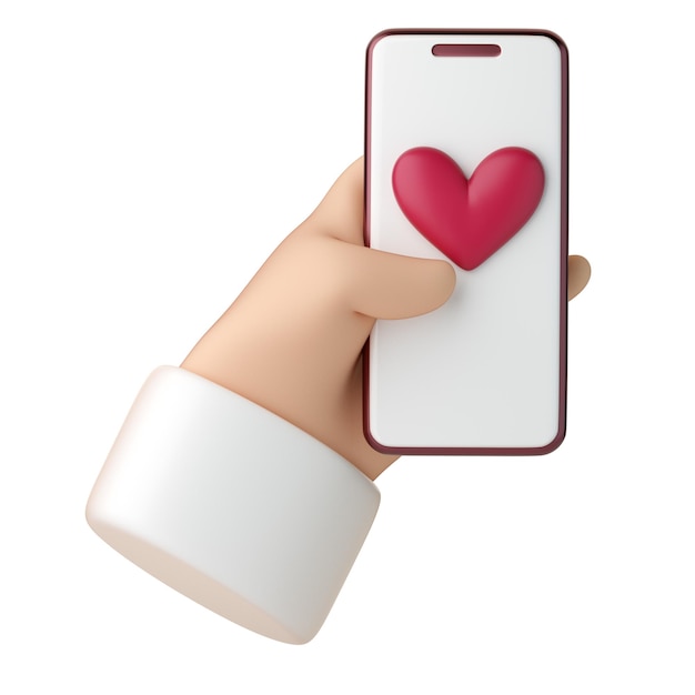 3d human hand with mobile phone with heart symbol icon