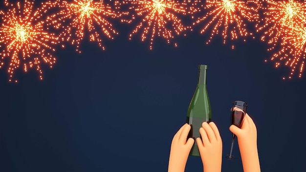 3D Human Hands Holding Champagne Bottle With Flute Glass Against Fireworks Blue Background And Copy Space