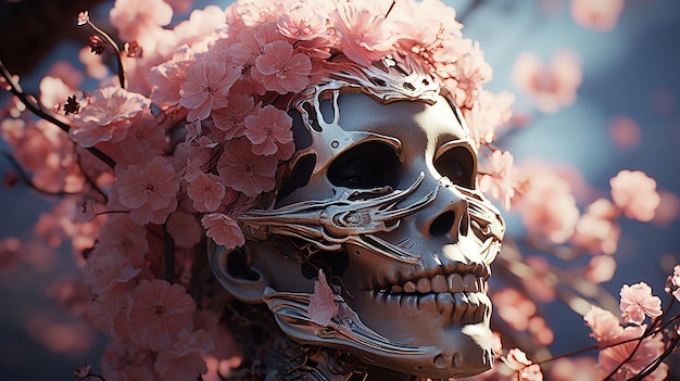 Photo 3d human head skeleton with flowers on background generative ai