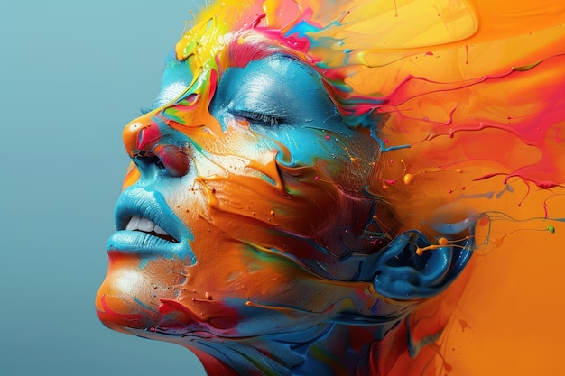 화려한 색상 폭발과 함께 3D 인간 머리 추상 예술 개념