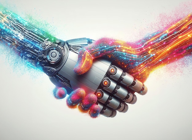 Photo 3d humanoid robot handshake collaborate future technology development ai thinking brain colorful