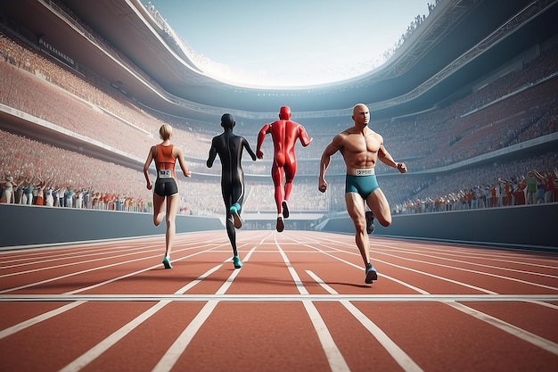 3d humans crossing the finishing line This is a 3d render illustration