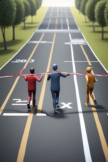 3d humans crossing the finishing line This is a 3d render illustration