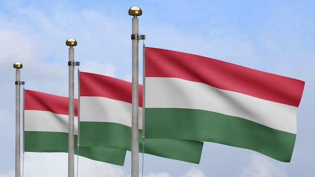 3D、青い空と雲と風に手を振るハンガリーの旗。ハンガリーのバナーを吹く、柔らかく滑らかなシルクのクローズアップ。布生地のテクスチャは、背景をエンサインします。