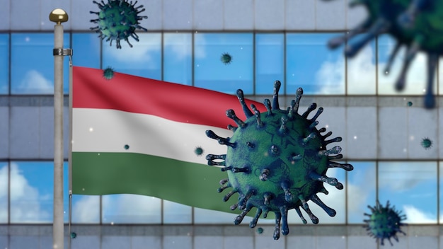 3D, развевающийся флаг Венгрии с современным городом-небоскребом и концепцией Coronavirus 2019 nCov. Азиатская вспышка в Венгрии, коронавирусы гриппа как опасные случаи штамма гриппа и пандемия. Вирус Covid19