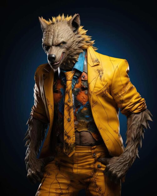 Photo 3d hyena with a human body looking serious wearing a suit with a dramatic studio background