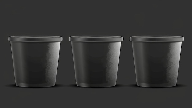 3D ice cream bucket mockup with blank surface ready to brand Paper tub for meal storage Set of realistic black food containers isolated on transparent background