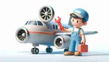 Photo 3d icon of aviation maintenance airplane mechanic conducting routine maintenance checks for airwort