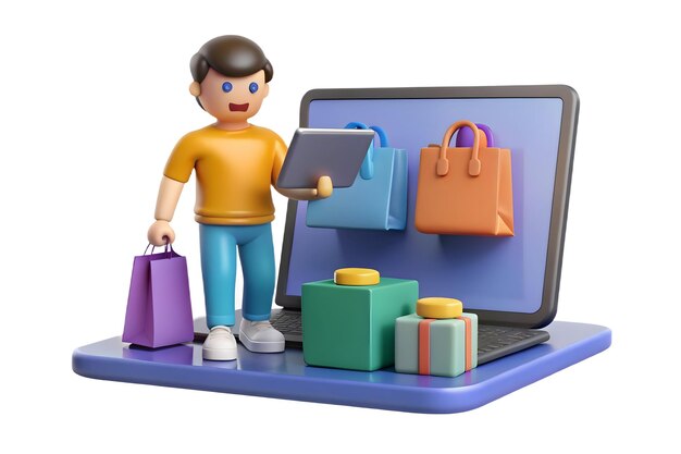 3d icon of candid online shopping moment person with natural expressions shopping on laptopmobile