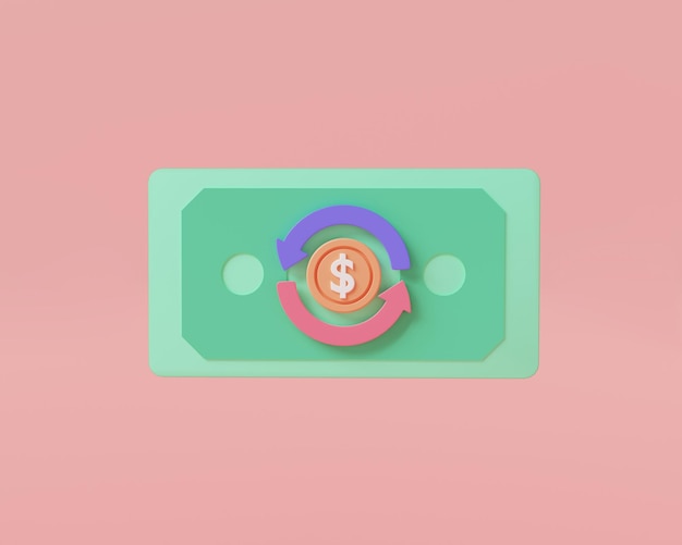 사진 분홍색 배경에 고립 된 전송 화살표 아이콘으로 3d 아이콘 캐쉬백 돈 환불 온라인 지불 송금 달러 지폐 지폐 금융 투자 3d 렌더링 그림 만화 최소한의
