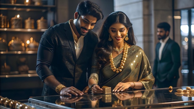 3D Icon Glossy digital art of a couple buying gold for Dhanteras concept as Camera movement Zoom int