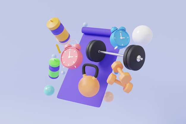 Icona 3d concetto sano set fitness esercizio strumento sport e sveglia galleggiante su sfondo pastello attrezzature con manubri tappetino yoga acqua minerale assistenza sanitaria minimo rendering 3d cartoon