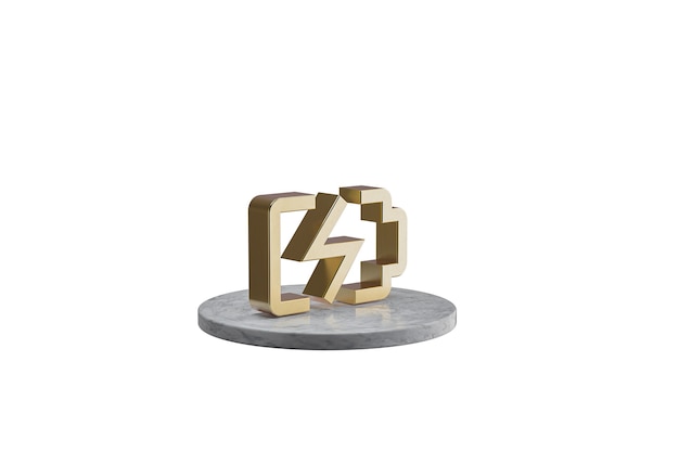 3D icon on isolated white surface. Shiny golden icon on marble cylinder. 3D render of modern icon  battery