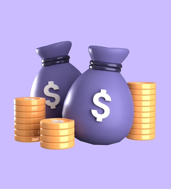 3d icon of a money bag and a stack of gold coins concept of business financial investment or savi