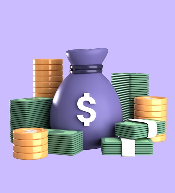 3d icon of a money bag and a stack of gold coins concept of business financial investment or savi