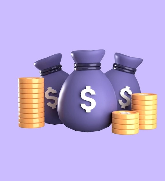 3d icon of a money bag and a stack of gold coins concept of business financial investment