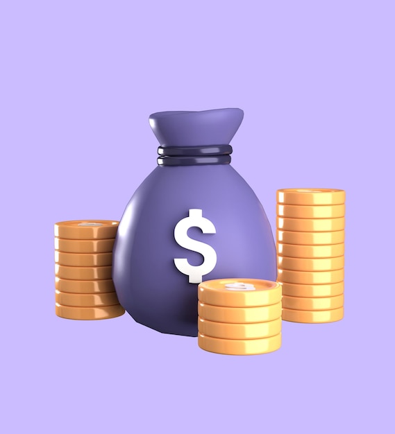 Photo 3d icon of a money bag and a stack of gold coins concept of business financial investment