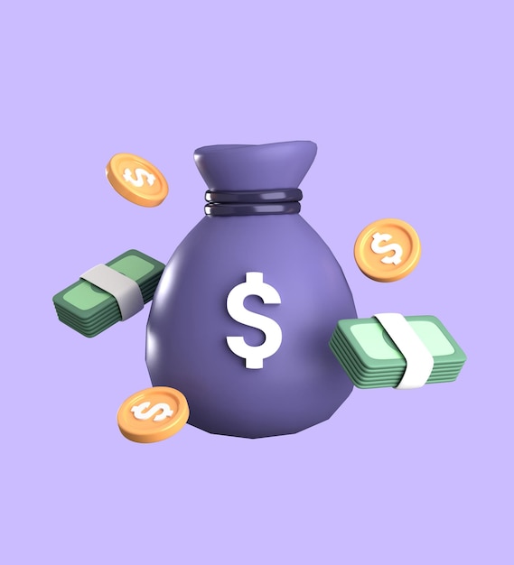 3d icon of a money bag and a stack of gold coins concept of business financial investment