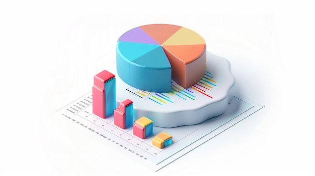 3D icon of a pie chart and document on a white background