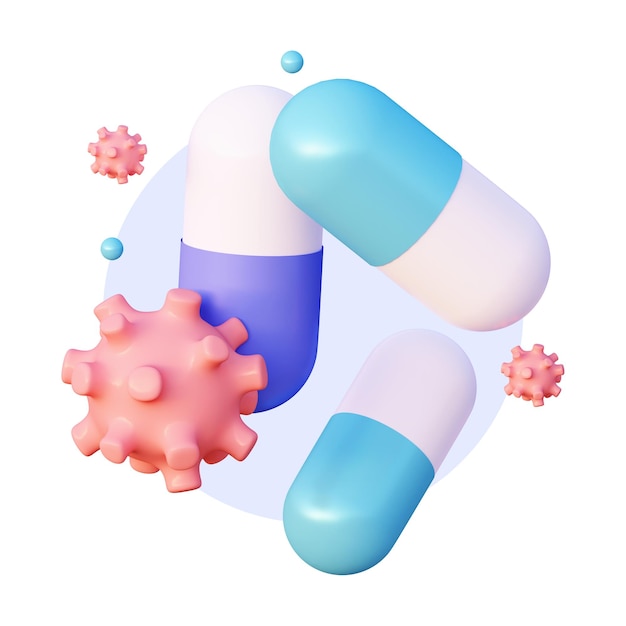 3d icon Pills with flying viruses and microbes