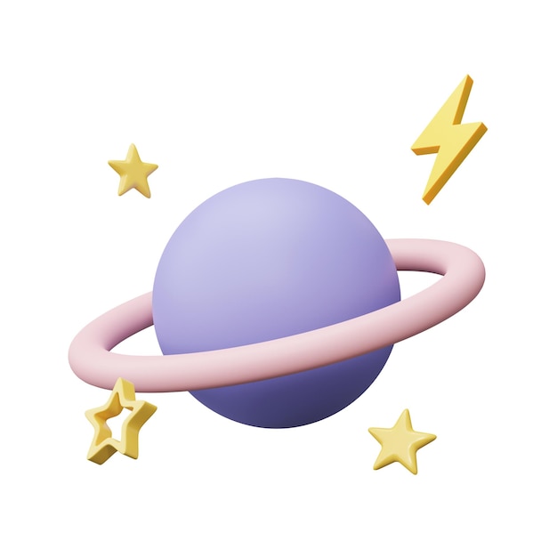 3D Icon Planet with ring around and stars Saturn Jupiter Uranus or Neptune isolated on transparent background