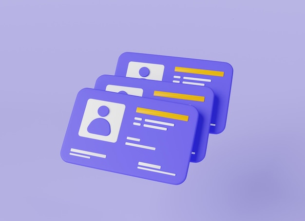 Photo 3d icon rendering illustration of id card floating on purple background identification card icon driver license doctor id card template medical identity badge identity verification person data