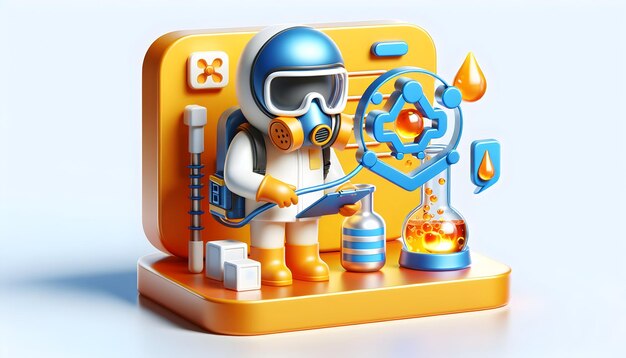 3D Icon Scientist Monitoring Chemical Reaction in Candid Daily Environment with Protective Gear and