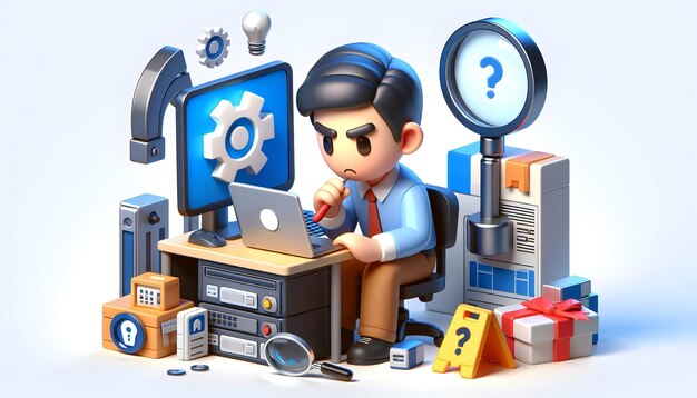 3D Icon Tech Troubleshooting IT Professional Solving Complex Software Issue in Daily Work Environ