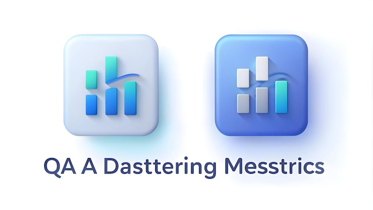 Photo ai 데이터 처리를 상징하는 3d 아이콘과 qa 프로세스에서 향상된 분석을위한 qa 메트릭스 이상