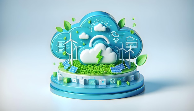 3d-icoon als Cloud Greening Verander uw gegevens met clouddiensten die worden aangedreven door 100% hernieuwbare energie