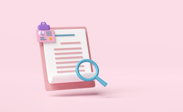 3d-identiteitskaart met vergrootglas checklist papier clipboard geïsoleerd op roze achtergrond wervingspersoneel personeelszoekwerk sollicitatieconcept 3d-render illustratie