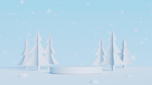 3D ijs podium display en kerstboom. Winterlandschap achtergrond voor prettige kerstdagen en gelukkig Nieuwjaar presentatie. Minimale voetstuk showcase.3D rendering illustratie.