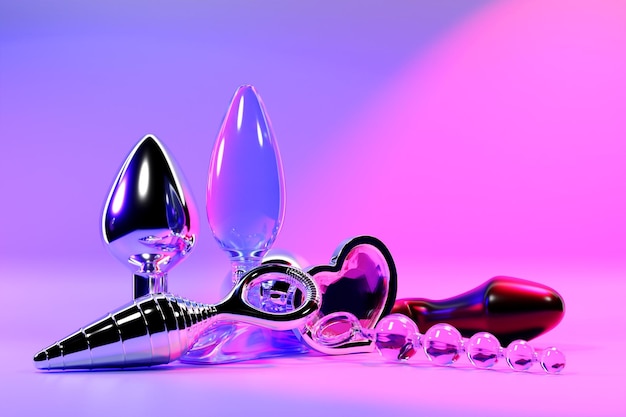 3D illuastration a collection of different types colorful of sex toys including dildo and butt anal plugs on pink background