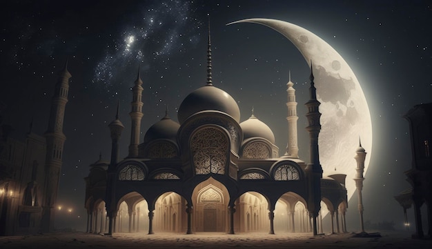 イスラム教徒のモスク ラマダンの概念の驚くべき建築設計の 3 d イラストレーション イスラム教徒のモスク ラマダンの概念の驚くべき建築設計の図 Ai を生成します。