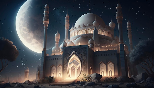 3d иллюстрация удивительного архитектурного дизайна концепции мусульманской мечети рамадан иллюстрация удивительной архитектуры дизайна концепции мусульманской мечети рамадан сгенерировать Ai