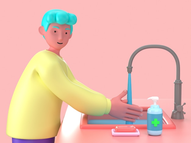 3d illustrate young cartoon man using soap and alcohol gel for sanitize cleansing hand from corona virus ncov or covid-19 avoid infection.